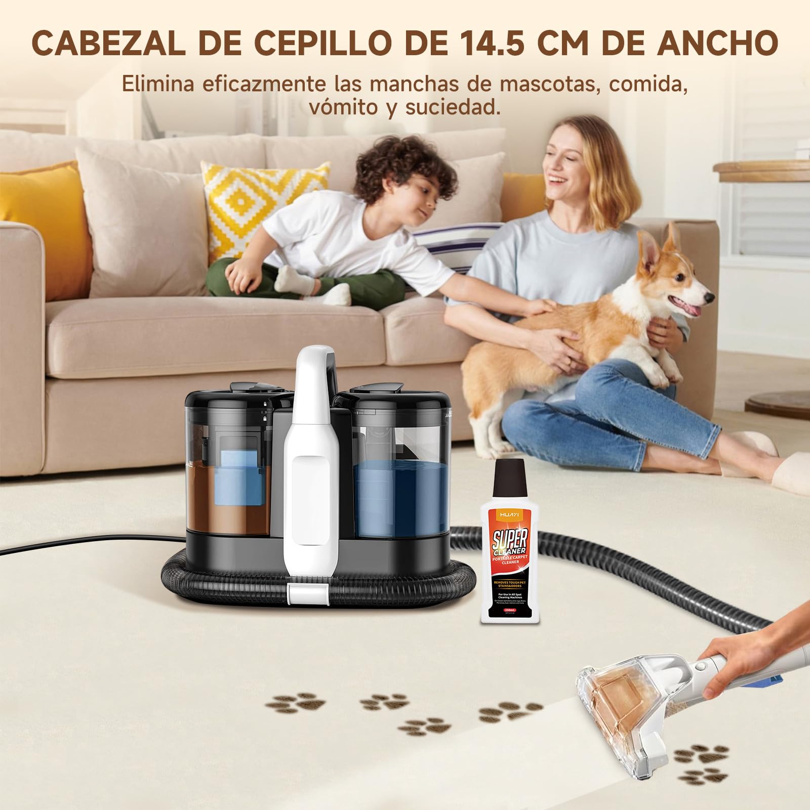 Dispositivo limpiador de tapicería con aspirador en húmedo, 18 Kpa Pro Power, limpiador de alfombras con detergente, 600 W, aspiradora en húmedo, para alfombras, sofás, tapicería, escaleras