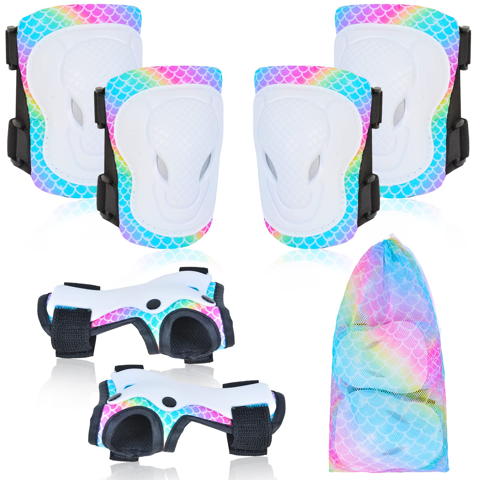 Knee Pads for Kids Elbow Pads Wrist Guards with Drawstring Mesh Bag, 7 in 1 Protective Gear Set for Girls Boys for Skating Cycling Bike Rollerblading Scooter, 3-8 Years