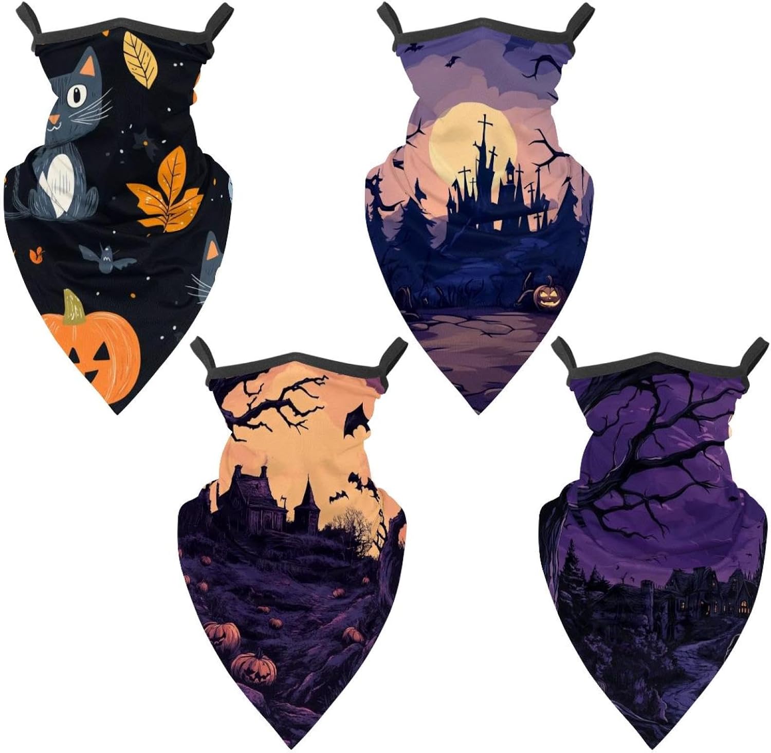 4 Pack Skulls Pumpkins Bats Fishing Neck Gaiter - UV Face Mask Sun Protection for Men & Women