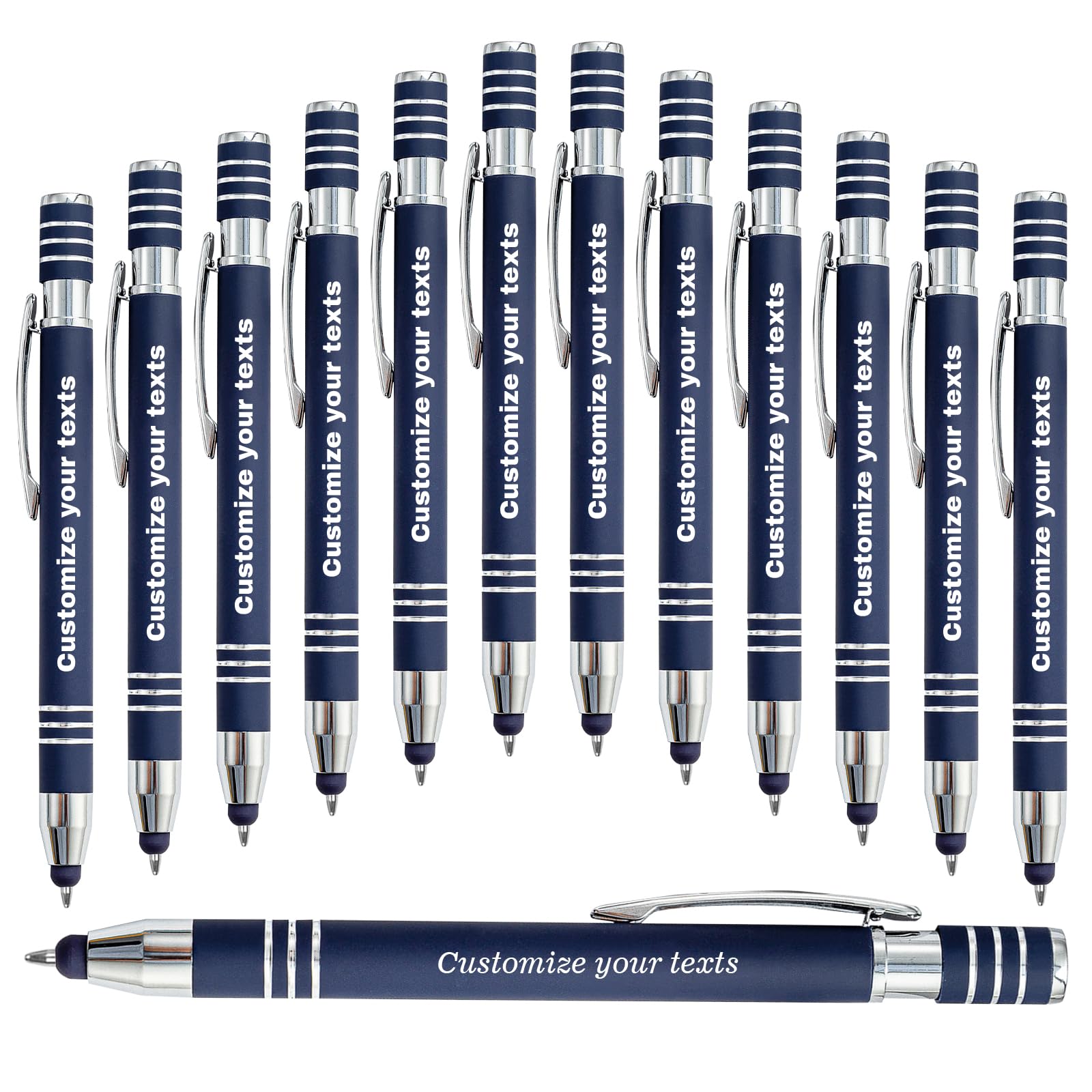 LINMQIU Personalized Dark Blue Ballpoint Pen with Stylus - Black Ink Custom Metal Engraved Name Pen - with Message, Custom Ballpoint Pens for Business Office School Teacher Student - 60PC