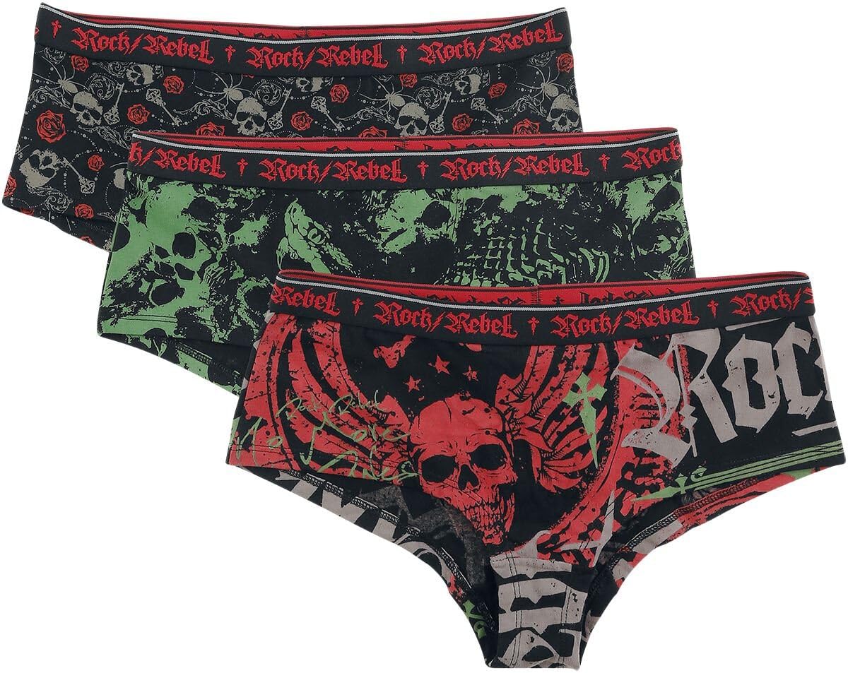 Rock Rebel by EMP Mujer Braguitas Negras en Pack de Tres con Estampado