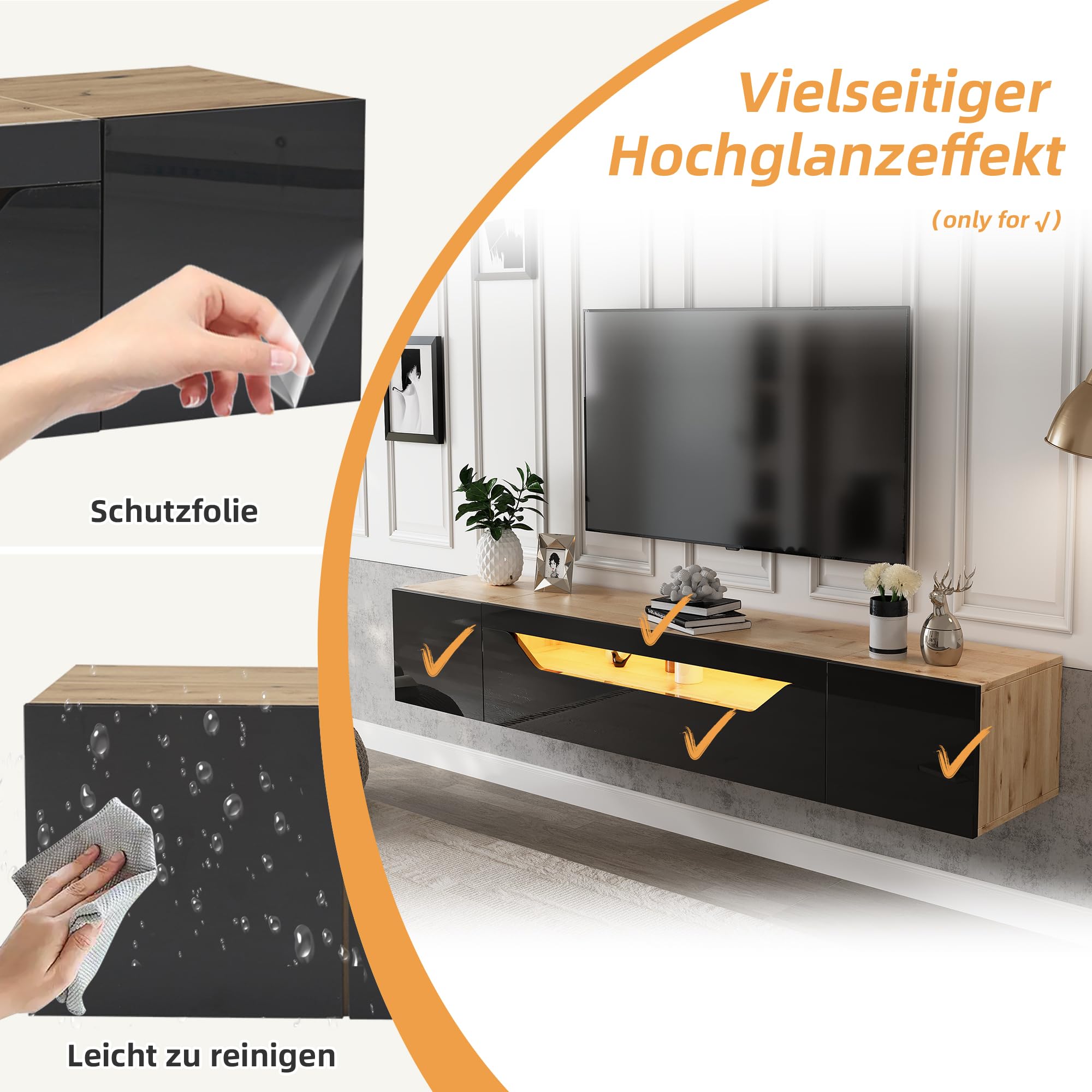 TV-Schrank 180 cm hängend mit LED für 75 Zoll, Schwarz-Holzoptik