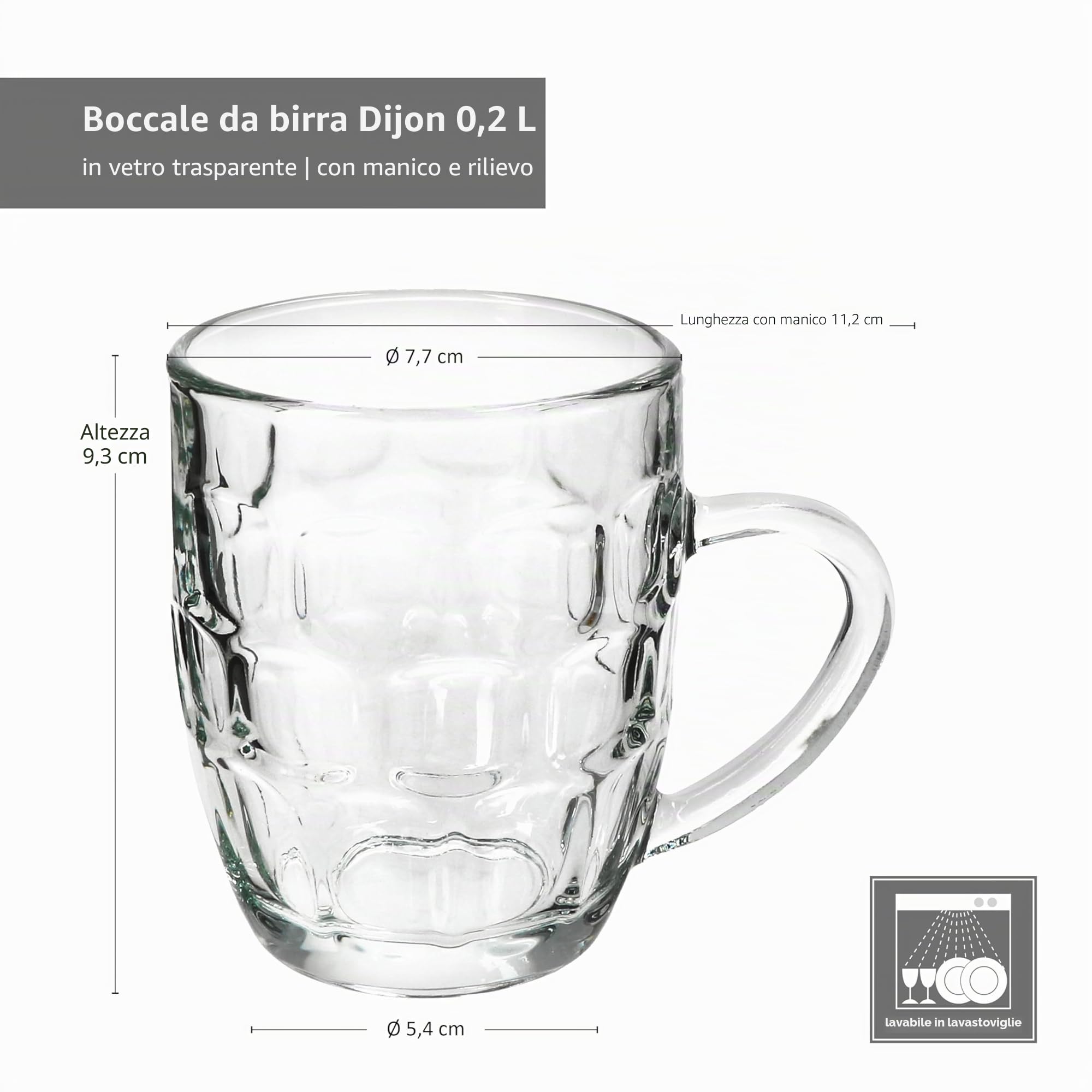 MamboCat Set di 6 tazze da birra Dijon I 200 ml, altezza 9,3 cm I per 6 persone I Tazza da birra in vetro con scudo, rilievo e manico I Tazze da birra da 0,2 l I Tazza da birra per feste