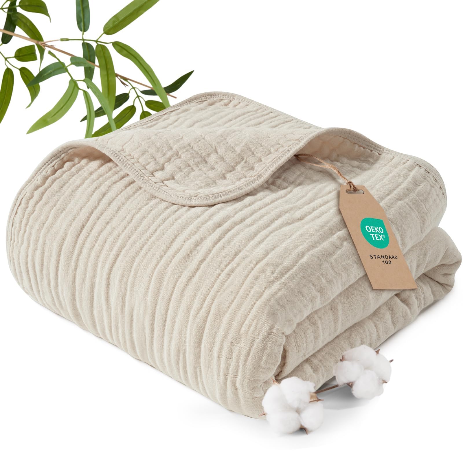 phf cooling muslin blanket king size 104"x80", 6-layer lightweight gauze blanket made from 35% rayon derived from bamboo & 65% cotton, breathable & ultra soft cozy for hot sleepers, french oak