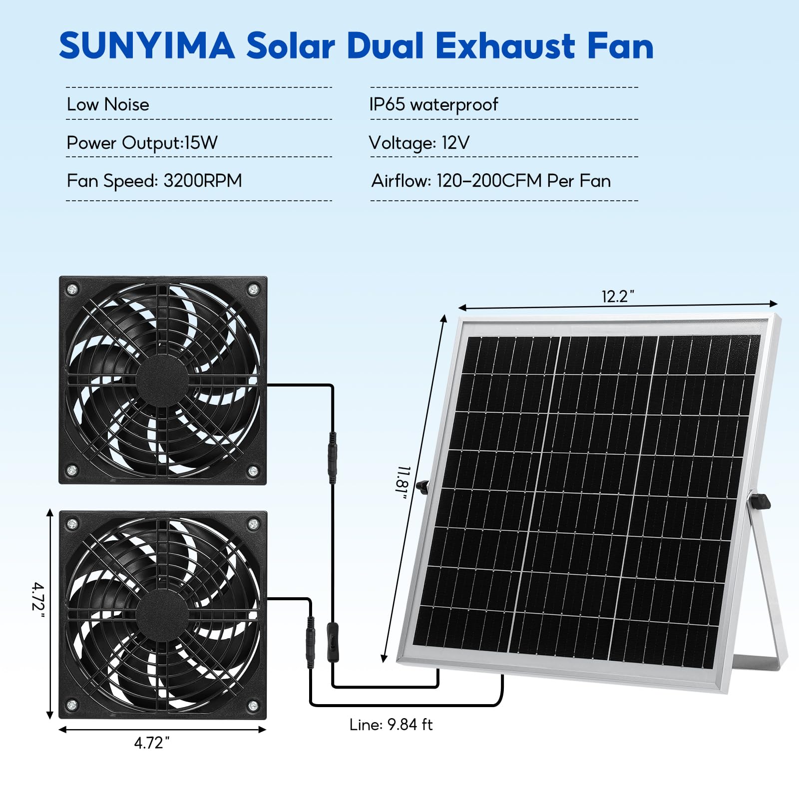 Ventilateur solaire étanche 15 W double ventilateur CC poulaillers serres hangars niches animaux