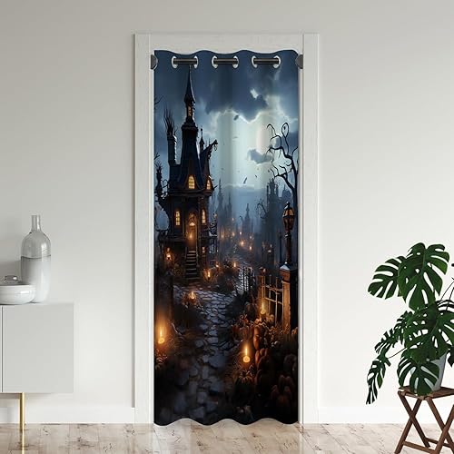 Miniatura 1 de Cortinas de puerta de Halloween para puertas, aterradoras y espeluznantes cortinas opacas de calabaza para armario de dormitorio de niños,