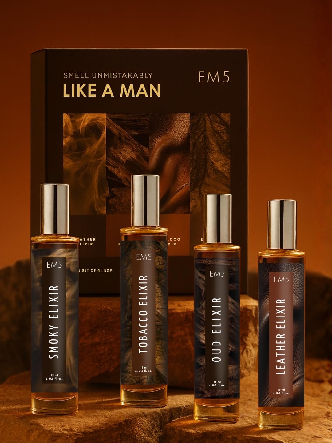 EM5 Set of 4 Long-Lasting Perfumes for Men | Smoky, Oud, Leather & Tobacco Elixir | Premium Strong Manly Fragrances | Raw & Dominating Scents | Travel-Friendly Gift Set for Him | 15ml X 4 Pcs