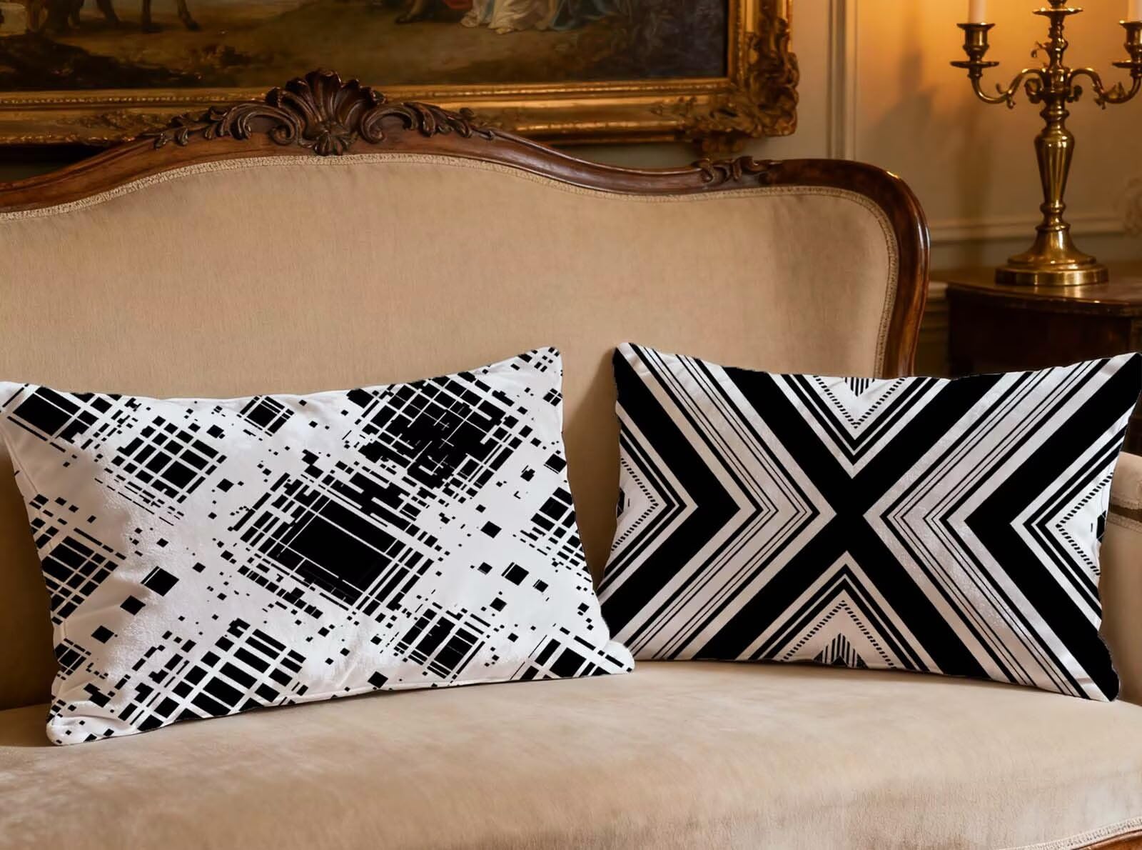 Housse de coussin scandinave 60x80 en velours noir et blanc pour décoration de salon