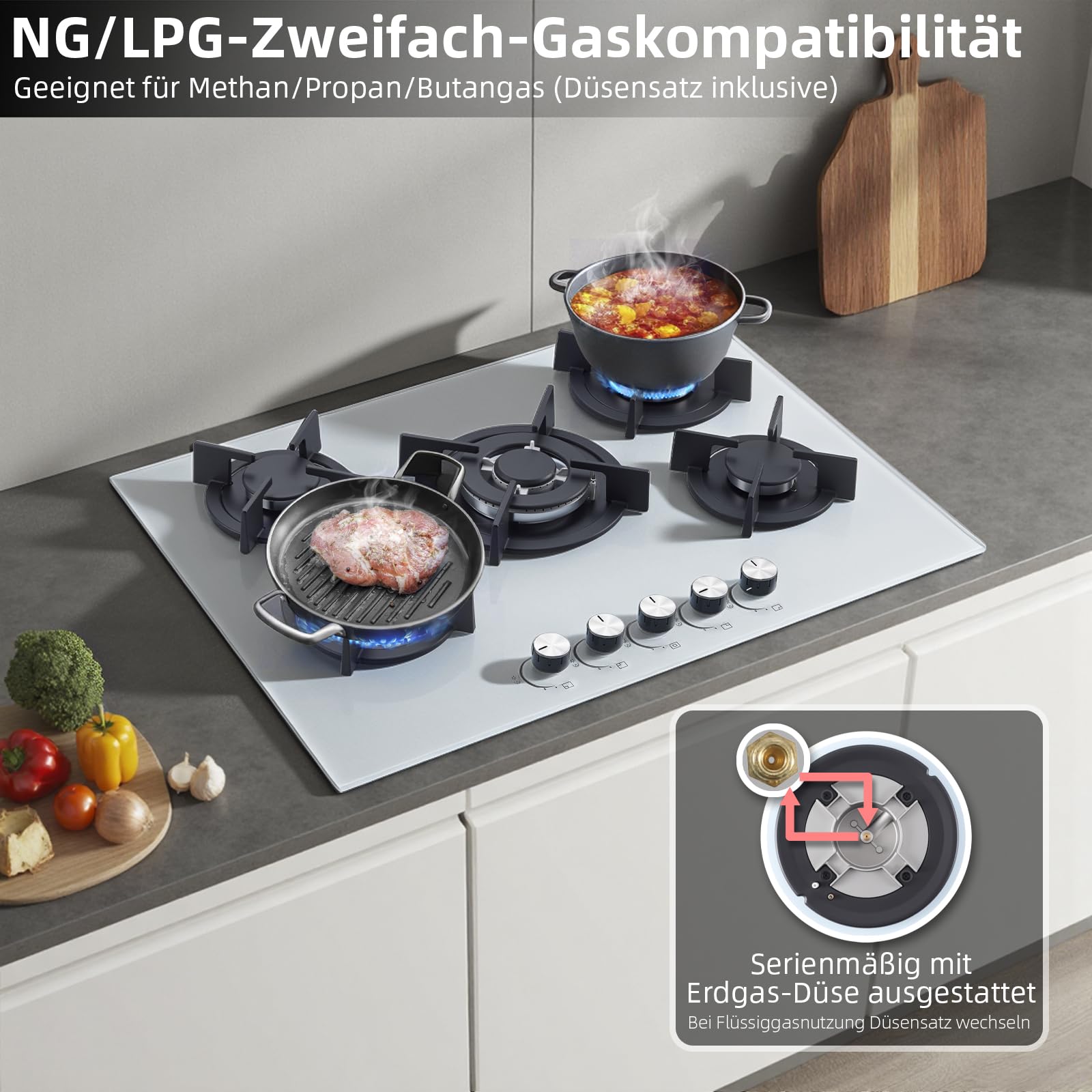 SNDOAS Kuchenka gazowa, 5 żarówek, biała, szklana płyta gazowa do zabudowy 70 cm | 5-palnikowa płyta kuchenna z automatyczną ochroną przed płomieniem, gaz ziemny i propan, 10400 W, 220-240 V
