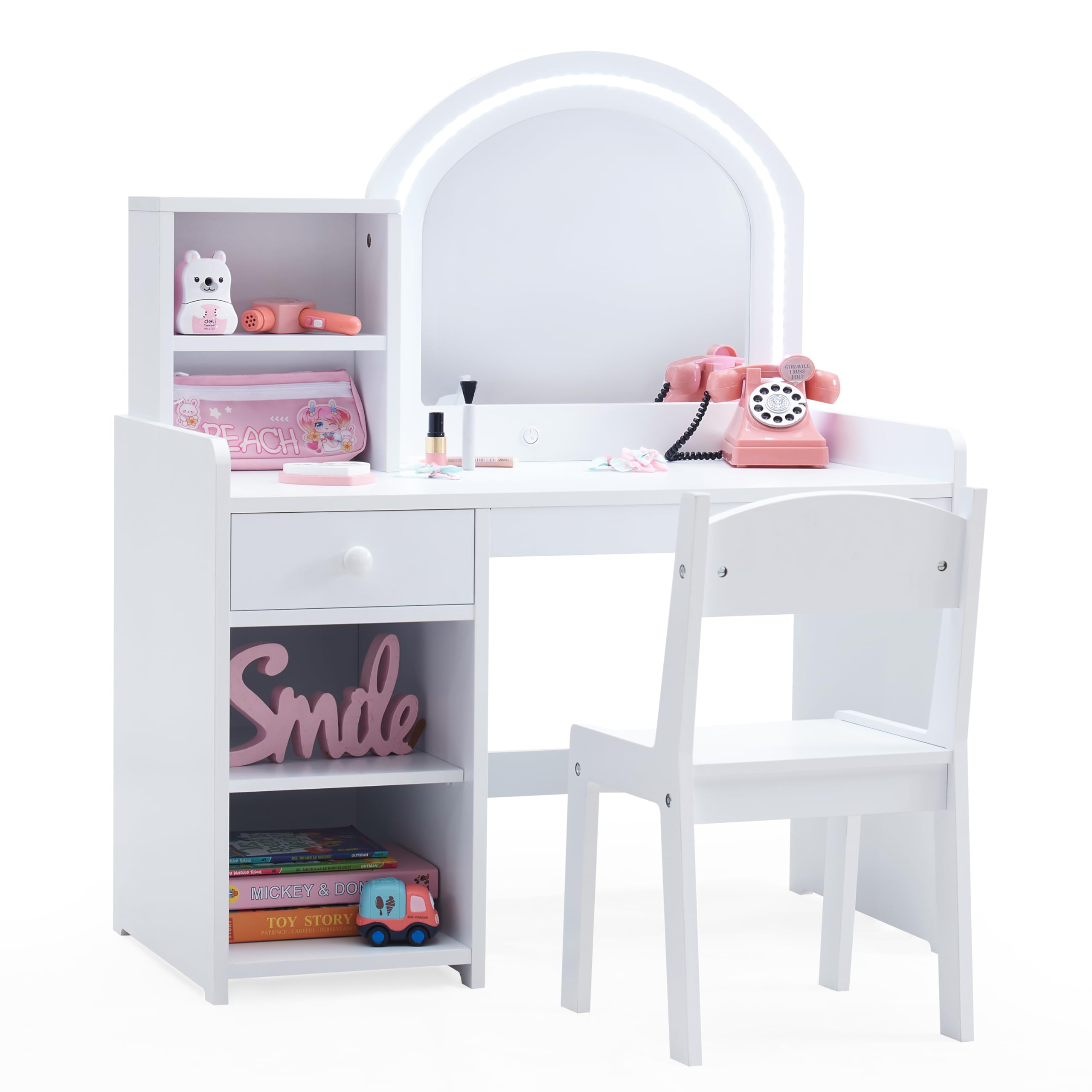 kids vanity with lights princess vanity set with drawer and storage shelves 2 in 1 toddler makeup vanity with lighted mirror girls vanity set with stool for little girls white