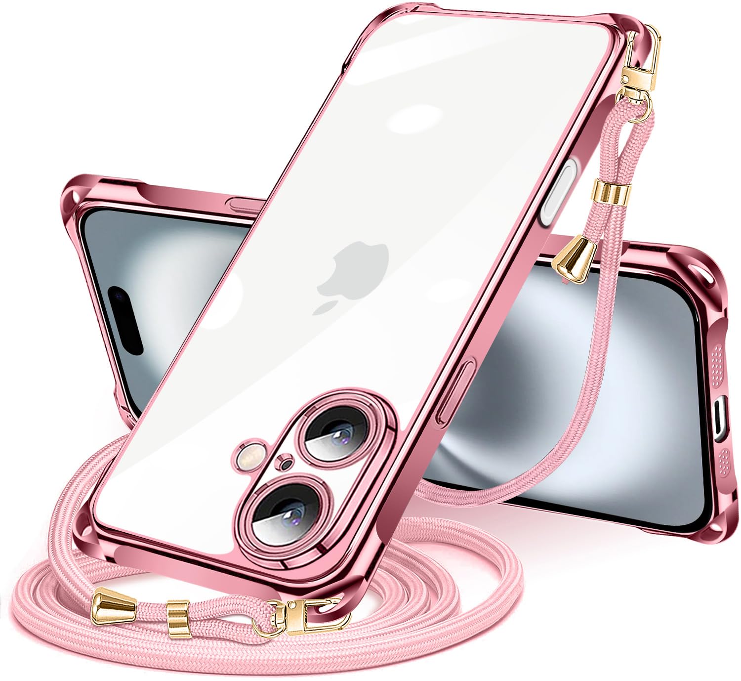 NISIILNG iPhone 16 用 ケース クリア ショルダー iPhone16 スマホケース アイフォン16 カバー 肩掛け 斜めかけ 縄掛けケース 透明 薄型 軽量 耐衝撃 TPU ストラップ付き 紐付き 斜めがけ 織りストラップ付き ネックストラップ ショルダー 縦/横 2WAY 長さ調整可能 取り外し可能 落下防止 紛失防止 (ローズゴールド)