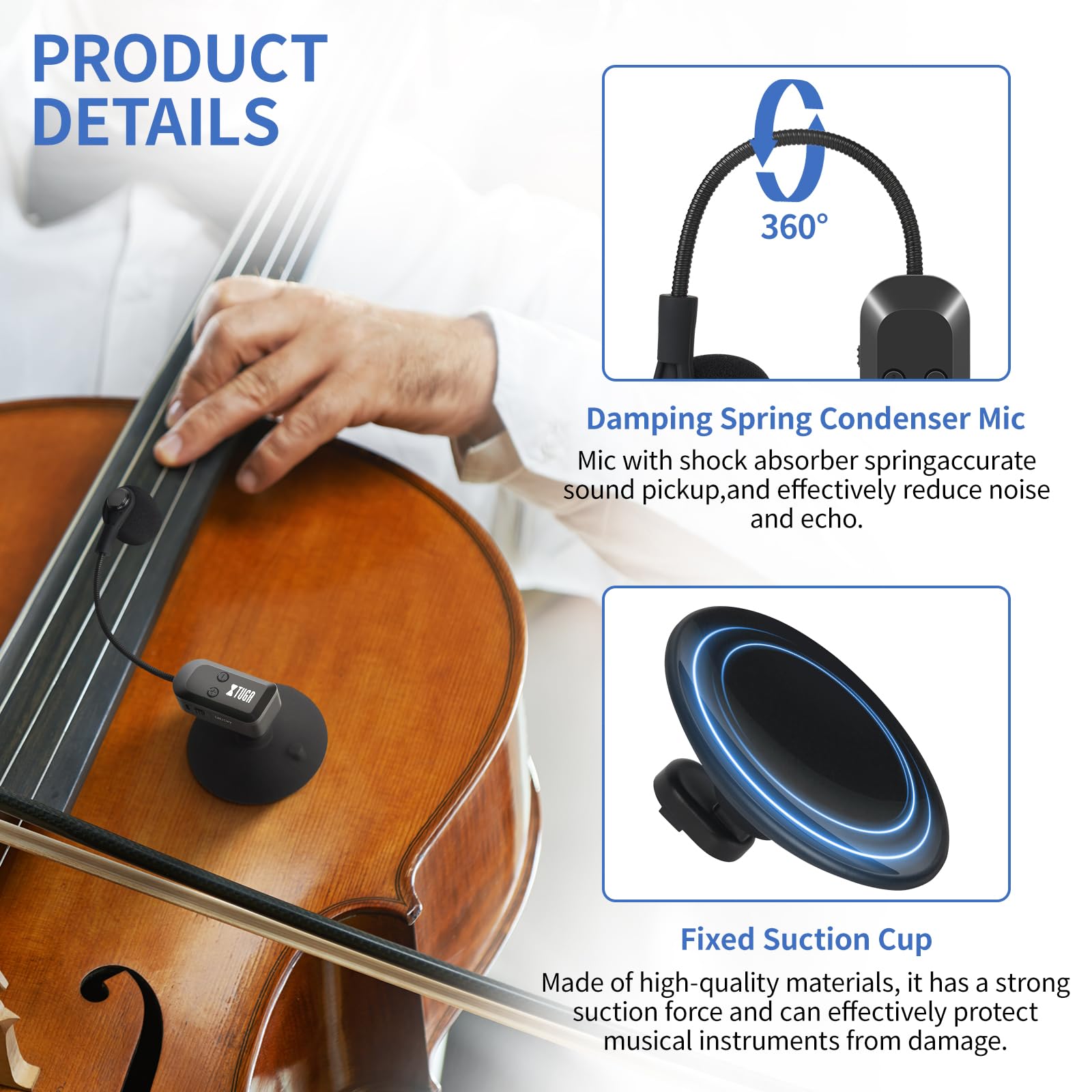 XTUGA Wireless Instrument Microphone with Suction Cup, Wireless Guitar Microphone System 2.4G Rechargeable, Violin, Cello - Image 2