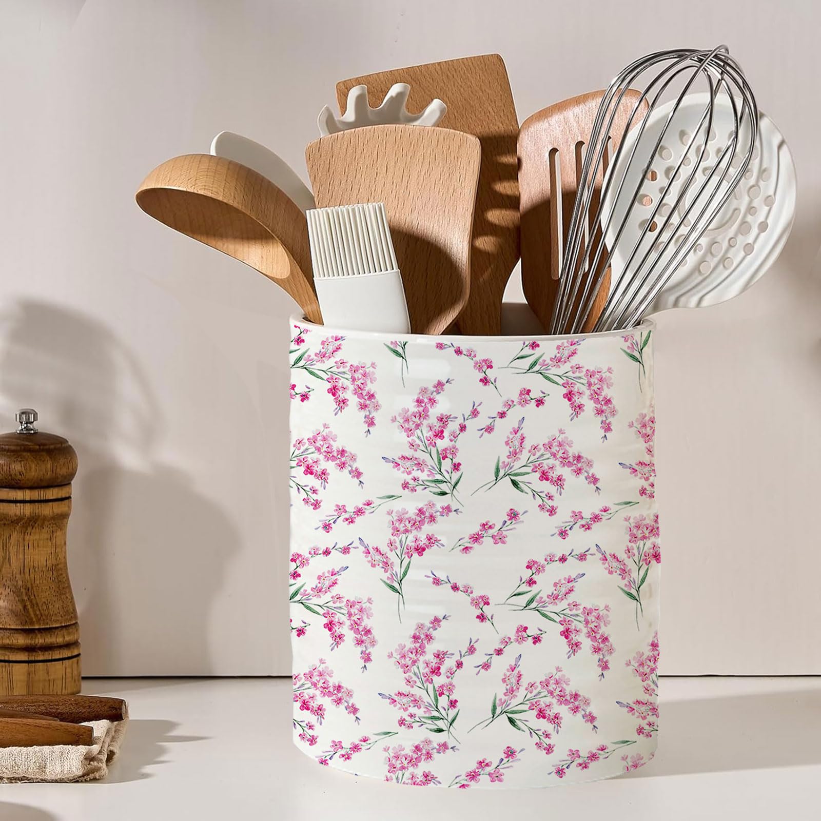 Kitchen Utensil Holder,7.2-inch Extra Large Sturdy Ceramic Cherry Floral Pattern Utensil Crock,Cooking Utensil Organizer for Kitchen Counter Decor,Storage Caddy Farmhouse Gift Pink Blossom