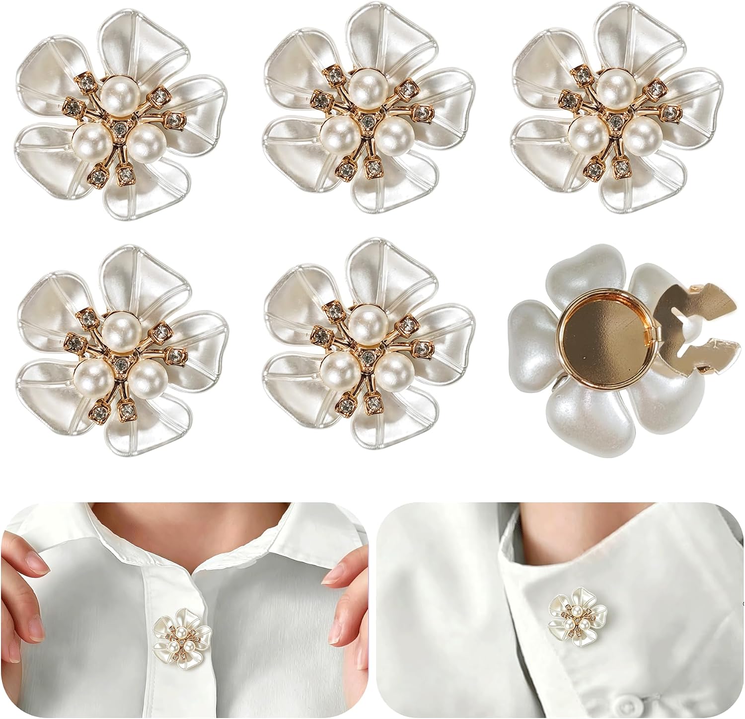 6 Pcs Pearl Button Jewelry Covers, Alloy Rhinestone Button Covers for Women Blouses, DIY Crafts Sewing Flower Buttons Clips for Spring Wedding Shirts Cufflinks