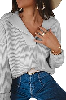 BTFBM Women Long Sleeve V Neck Fashion Sweater Solid Color Ribbed Knit Foldover Collar Pullover Cute Relaxed Fit Jumper