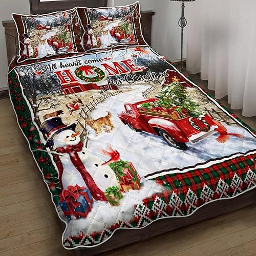 Miniatura 4 de Juego de edredón con funda de almohada, juego de ropa de cama de Navidad con diseño de camión rojo, todos los corazones vienen a casa por Navidad,