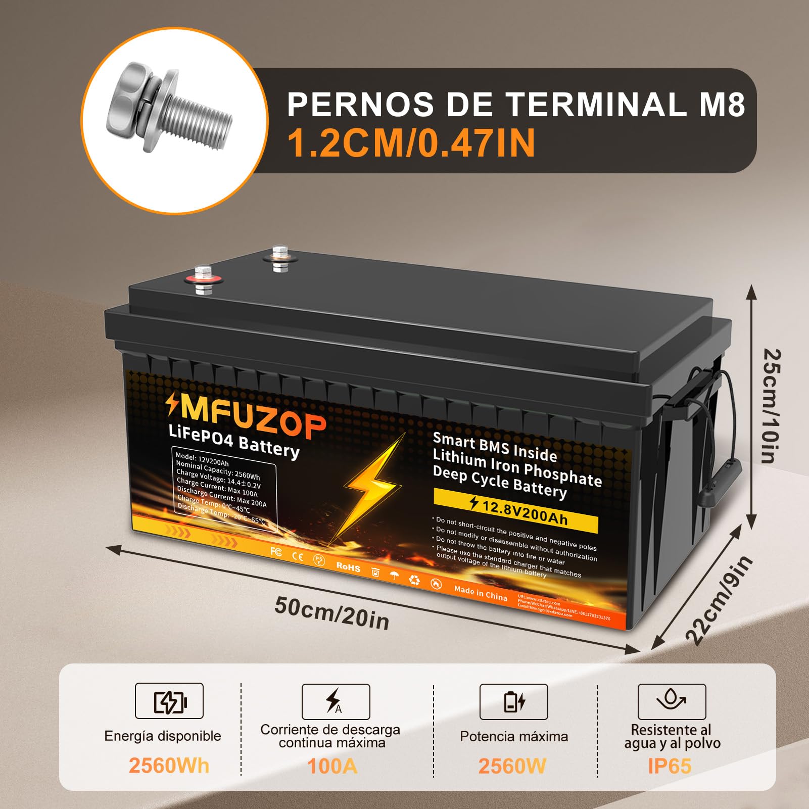 Batería Litio 12V 200Ah, BMS 200A Integrado, Potencia Máxima de Salida 2560W, 15000+Cycles, Soporte de Potencia en Conexión Serie/Paralelo, Solar, RV, Off-Grid(12V200AH*1Pcs)