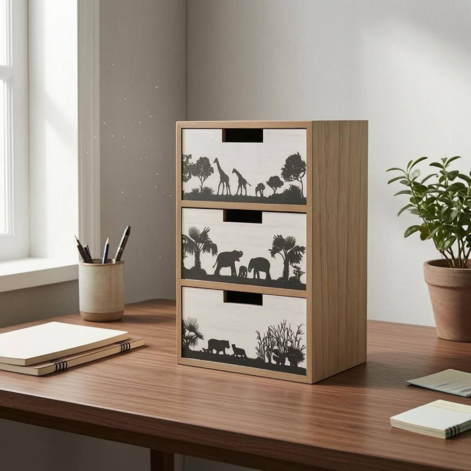 Cassettiera Verticale da Scrivania Organizzazione Ordinata Mini Cassettiera in Legno Compatto Mobile Contenitore a Cassetti, Stile Marino Con Pesci E Vita Sottomarina