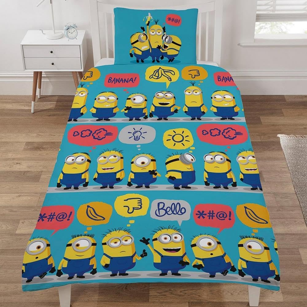 Despicable Me Minions Single Duvet Cover & Pillowcase Set for Kids, Boys, Girls - Reversible Polycotton Bedding Duvet with Pillow Case - & Breathable Duvet, Blue, (SR1-MIN-ROW-12)