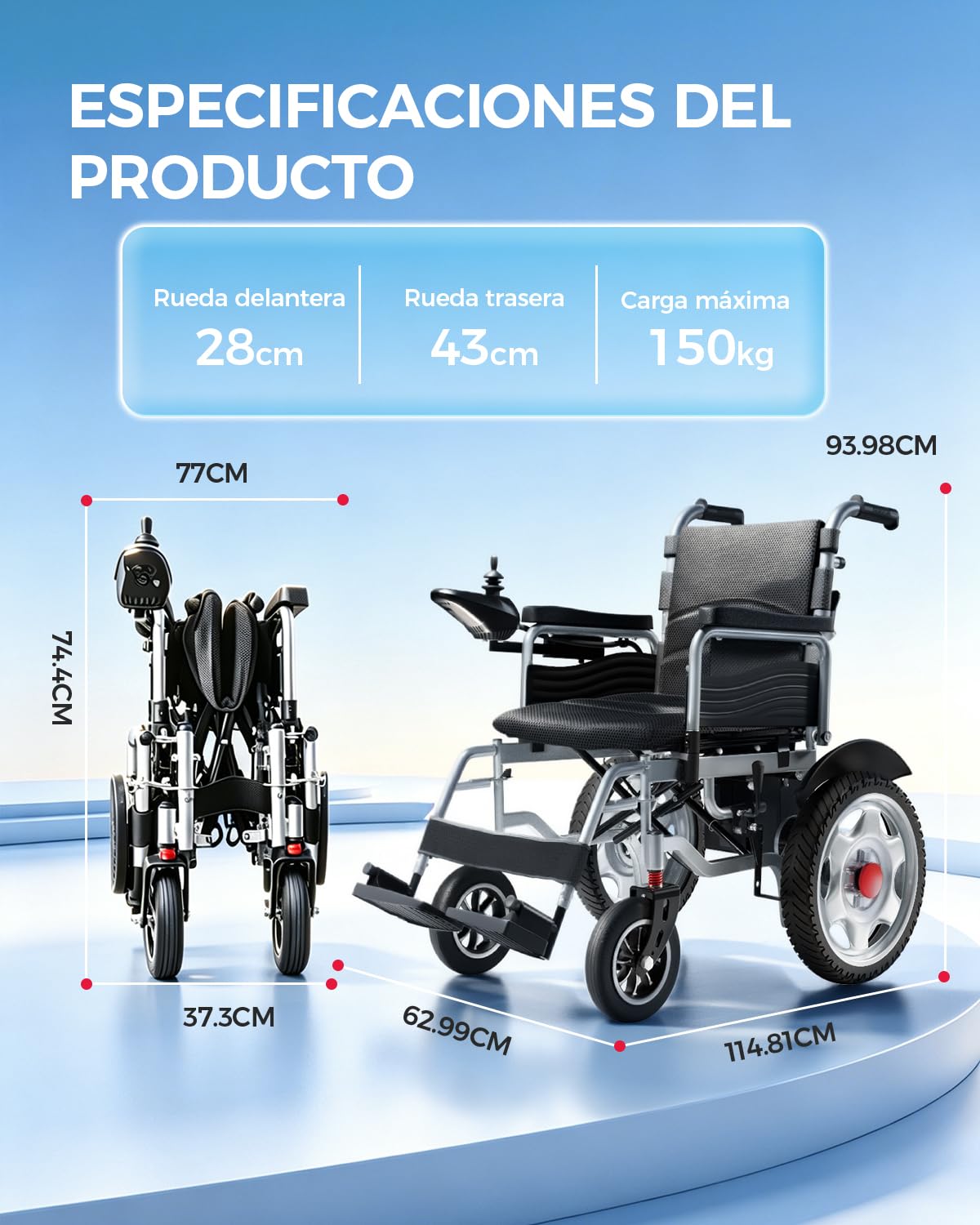 Homyking Silla De Ruedas Eléctrica Plegable para 48cm de ancho, Ligera silla ruedas electrica para mayores, Autonomía de 25 km, capacidad de carga de 150 kg