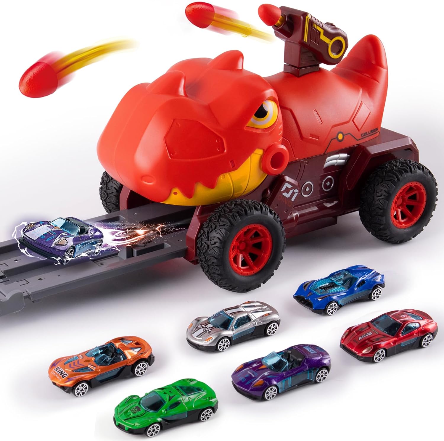 Dinosaur Truck Toys for 2 3 4 5 Year Old Boy with 6 Die-Cast Metal Toy Cars, Gifts for 2 3 4 5 Year Old Boys, Foldable Track & Missile Launcher, Birthday Gift Idea for Toys for Ages 2-4 Red