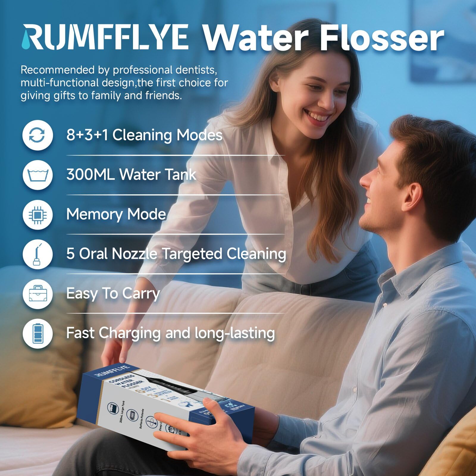 Irrigador Dental Portátil Irrigador Bucal Inalámbrico Profesional Water Flosser 12 Modos 5 Boquillas Irrigador eléctrico oral IPX7 Impermeable 300ML USB Recargable Para Casa y de Viaje(Negro)