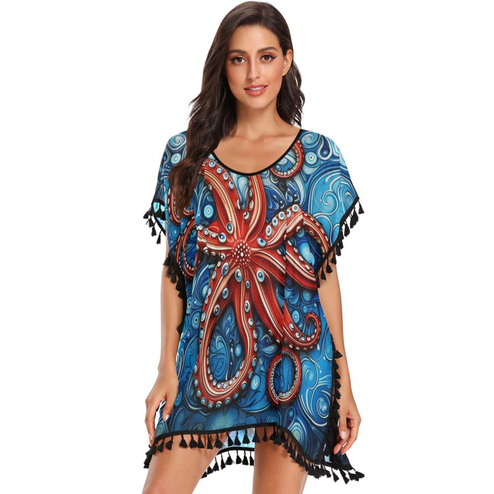 KAAVIYO Flower Octopus Abstract Blue Women's Beach Cover Up Chiffon Tassel Swimwear Swimsuit Coverups for Girl