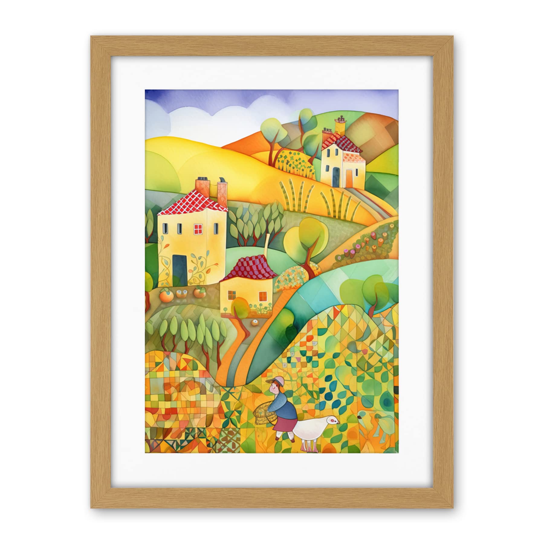 Artery8 Countryside Farming Folk Art Watercolour Painting Artwork Framed Wall Art Print 18X24 Inch
