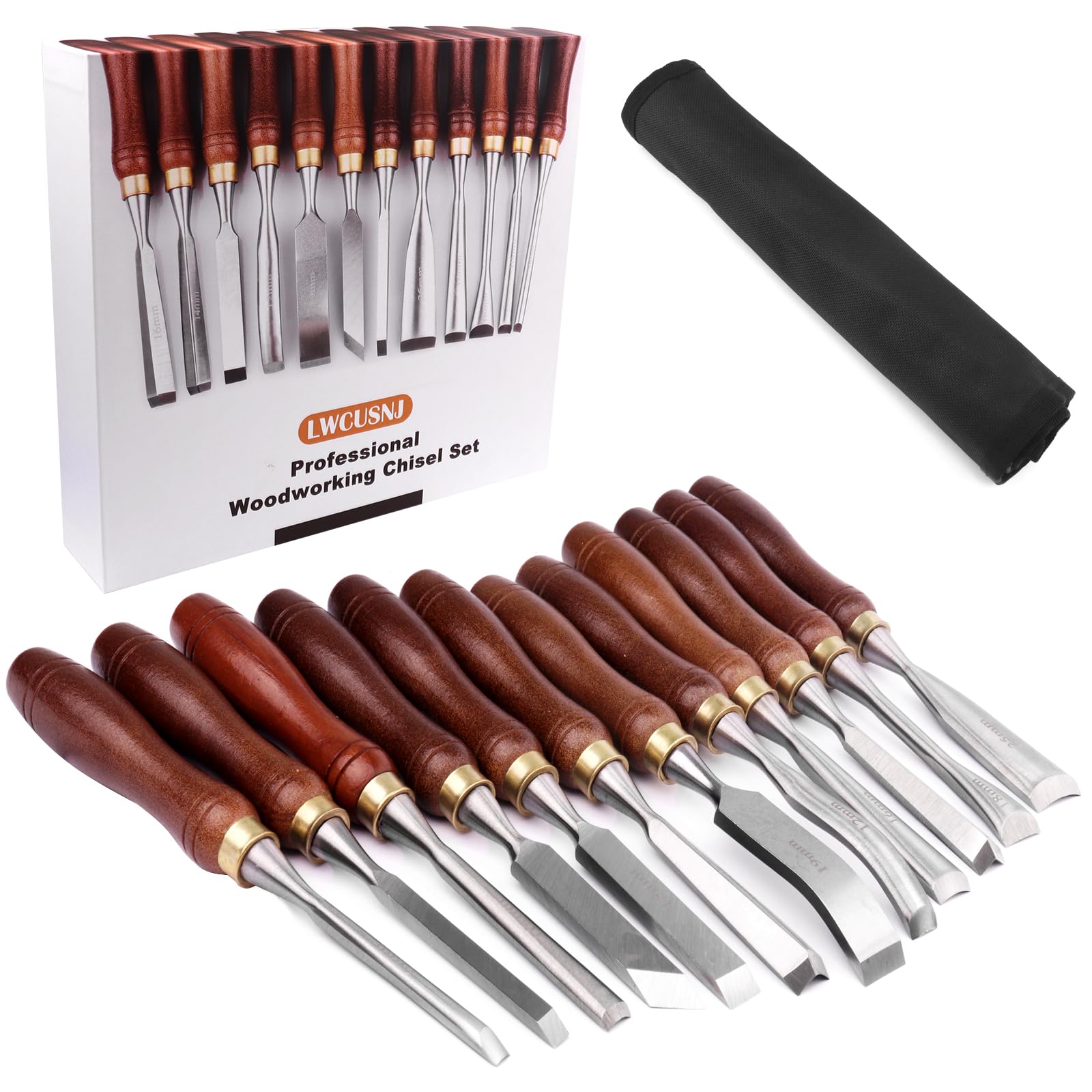 LWCUSNJ 12-Piece Wood Chisel Set,CR-V 60 Steel Blades Straight Edge V Chisel Gouge Carving Tools for Woodworking Beginners & Professionals with Storage Case