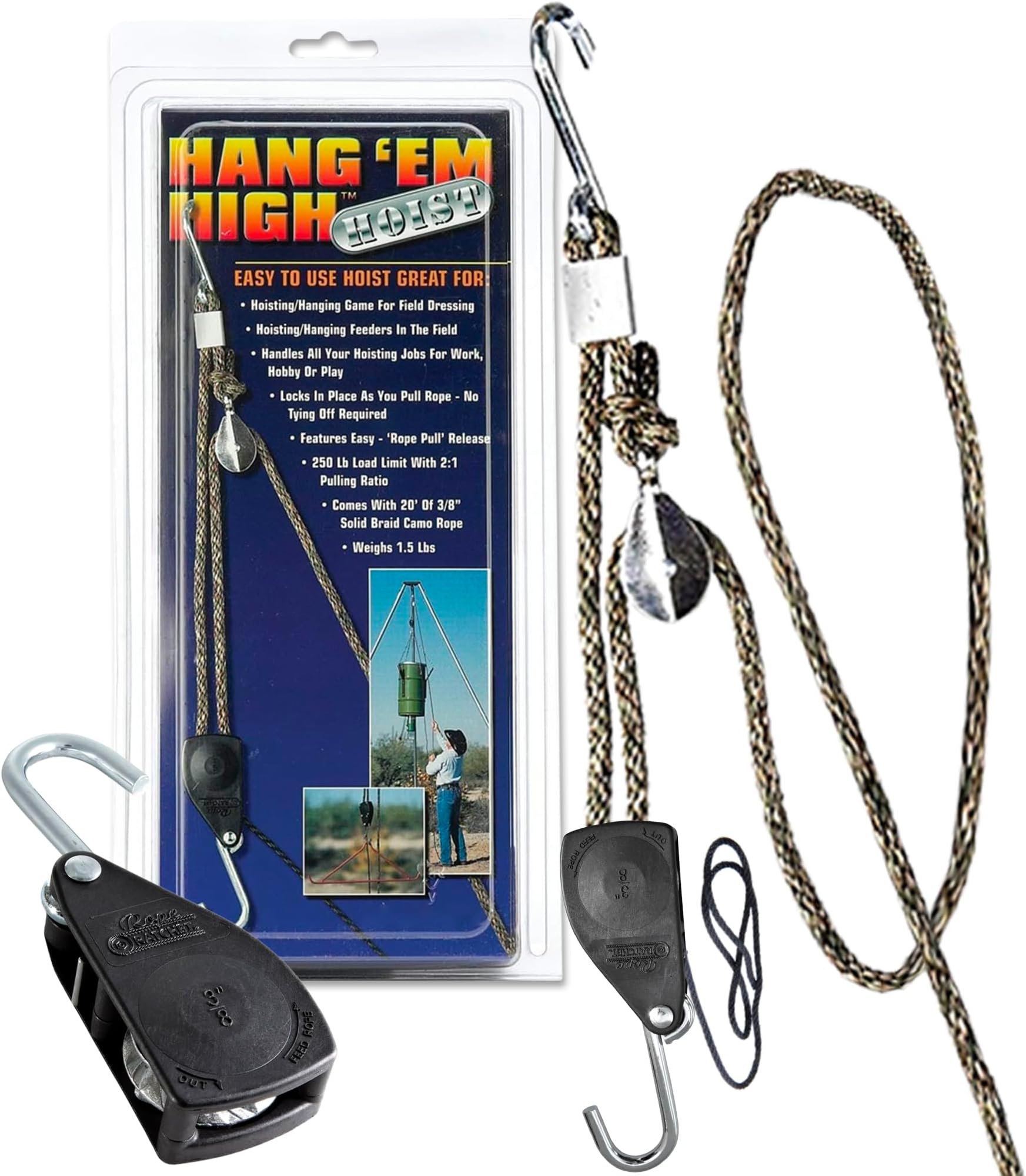 Rope Ratchet 3/8" 20' Solid Braided Rope Block and Tackle, Heavy Duty Pulley System Hoist for Lifting, Hanging Feeders, Garage Storage, Attic Lifts, Securing Loads, Tree Support, 250 lbs Capacity