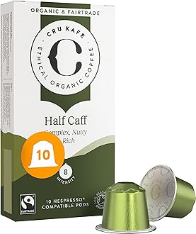 Cru Kafe USDA Organic Half Caff Espresso Coffee Capsules (10 Pods) Fairtrade Coffee Pods Compatible with Nespresso Original Line and Pixie Machines
