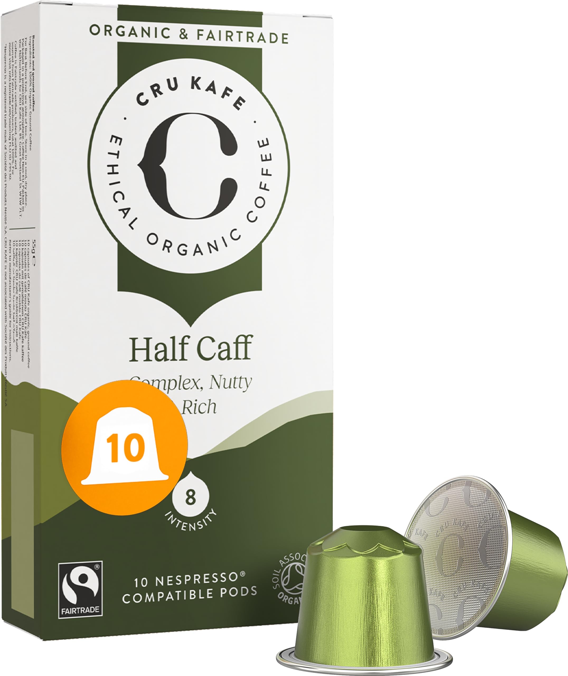 Cru Kafe USDA Organic Half Caff Espresso Coffee Capsules (10 Pods) Fairtrade Coffee Pods Compatible with Nespresso Original Line and Pixie Machines