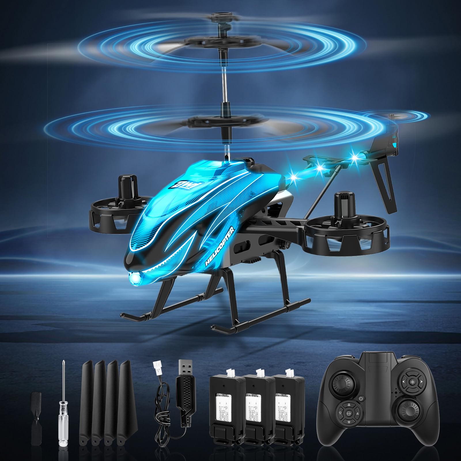 Charmofun Elicottero RC, Elicottero Telecomandato 2.4G con 7 Luce e 3 Batterie, 33 Minuti Volo, 4.5 Canali elicotteri Radiocomandat con Giroscopio, Aerei RC per Ragazzi Ragazze da 6+ Anni (Blu)