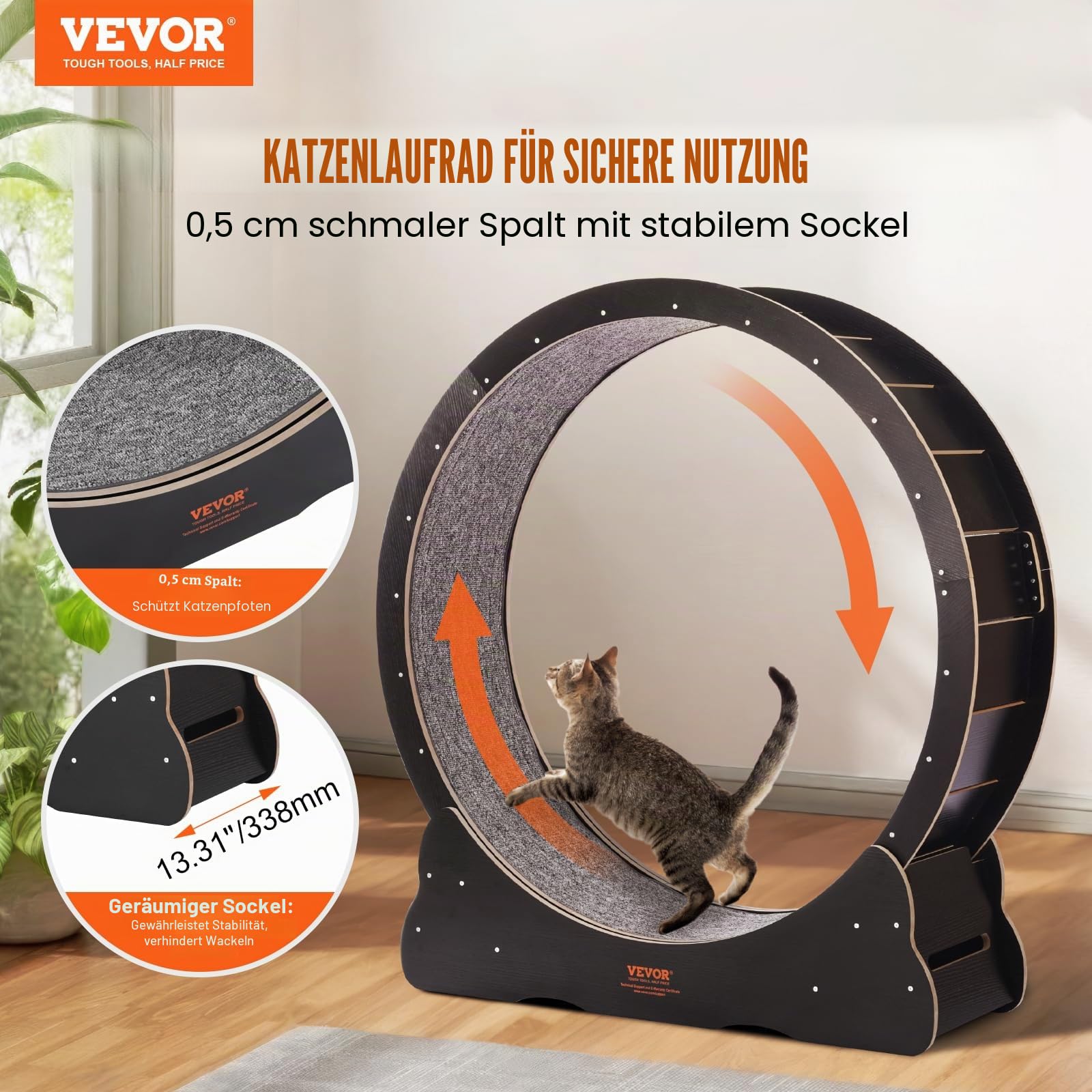 VEVOR Katzenlaufrad aus Holz, 110cm großes Katzenlaufband für Hauskatzen, Katzenlaufrad mit abnehmbarem Teppich & Katzenangel zum Laufen/Gehen/Trainieren, für die meisten Katzen geeignet, Schwarz