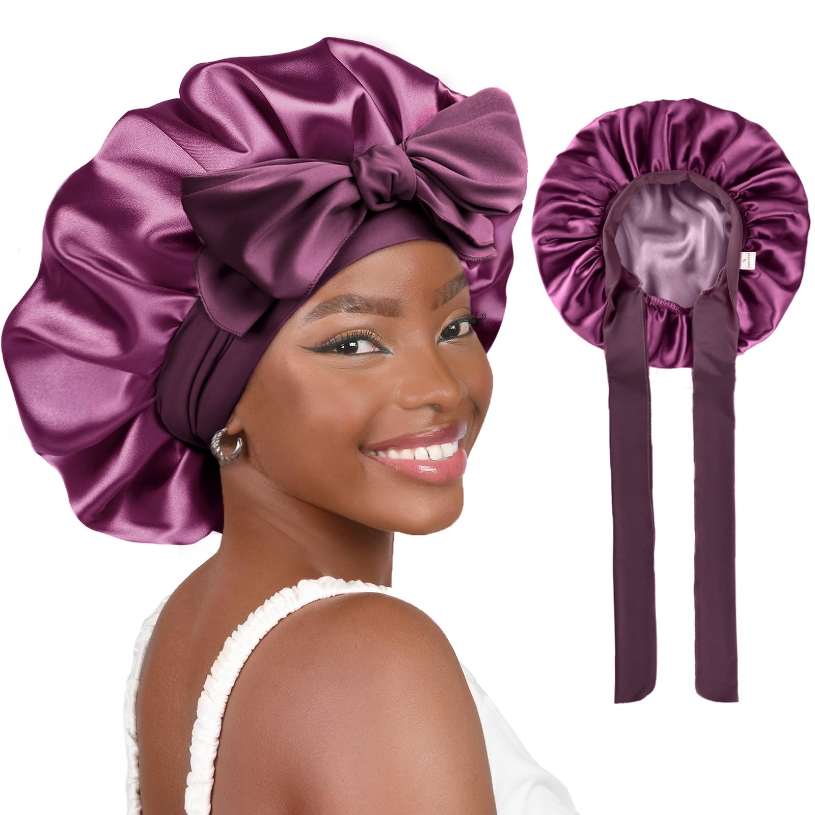 Yanibest Adjustable Satin Bonnet for Sleeping, Double Layer Silk Hair Bonnet with Tie Band for Unisex Women Men Curly Natural