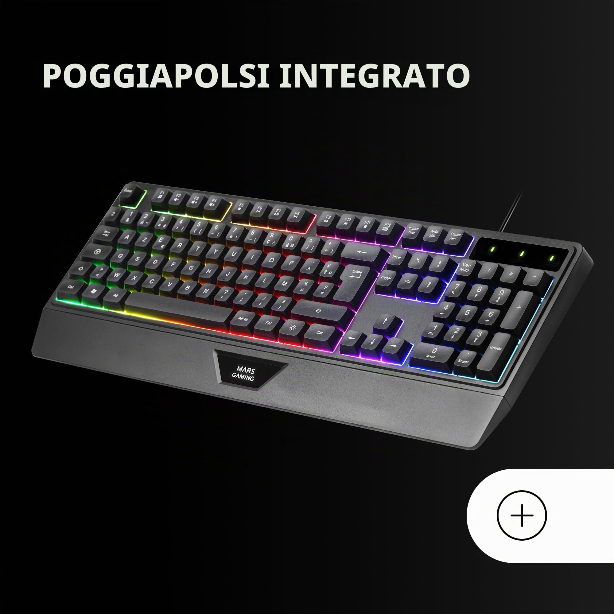 Mars Gaming MK124, Lingua Spagnolo, Tastiera Ergonomica H-Mech Completa, Poggiapolsi Integrato, Illuminazione FRGB Rainbow, Gaming Antighosting, Multiplatforma, Nero