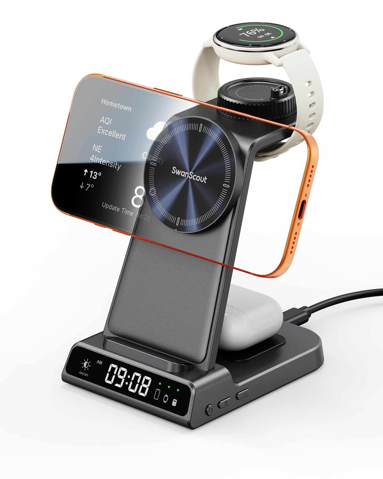 Ladestation für Garmin Watch, Magnetisch Induktive Ladestation für iPhone 17 16 15 14, 3 in 1 Wireless Charger für Garmin Uhr Fenix, Venu, Forerunner, Vivoactive, Instinct, für AirPods (No Adapter)