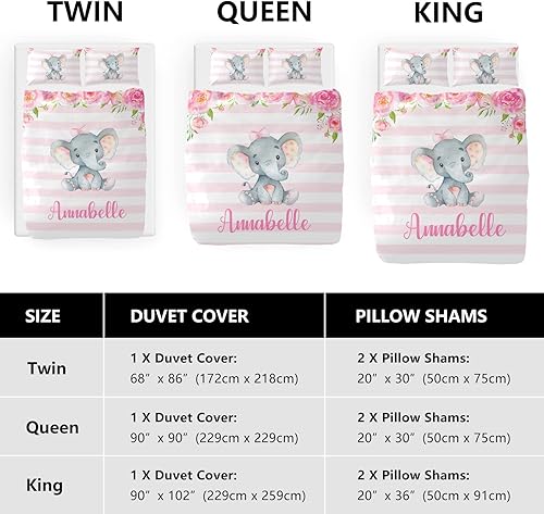 Miniatura 4 de Funda de edredón personalizada con diseño de elefante floral rosa para niña, tamaño Queen, manta de edredón y fundas de almohada, juegos de cama de