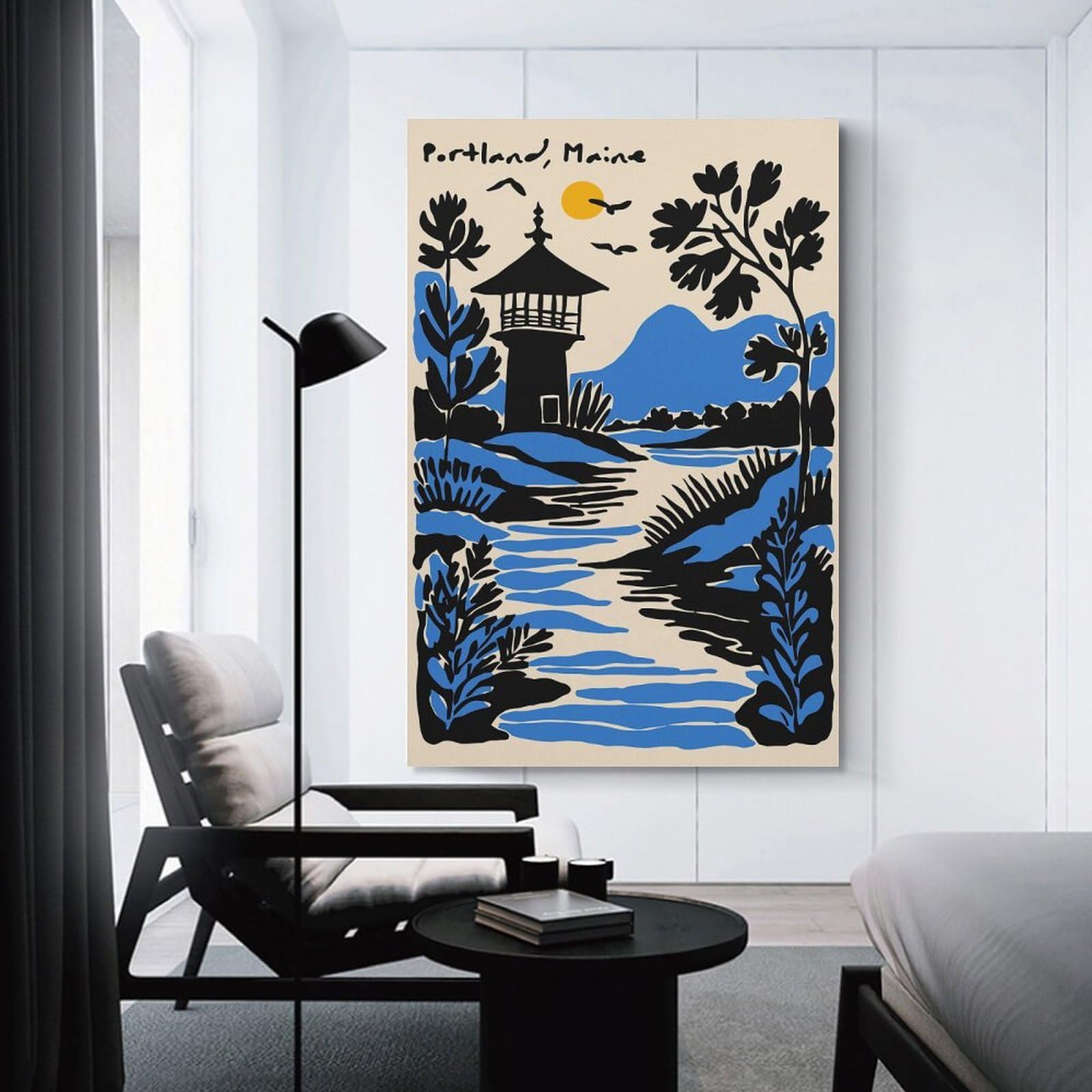 Junmoney Portland, Maine Landscape Illustration Room Decor Wall Art 24x36inch(60x90cm), for Wall Displays, Bedrooms Or Room Updates, Ideal for Building A Coordinated Art Wall