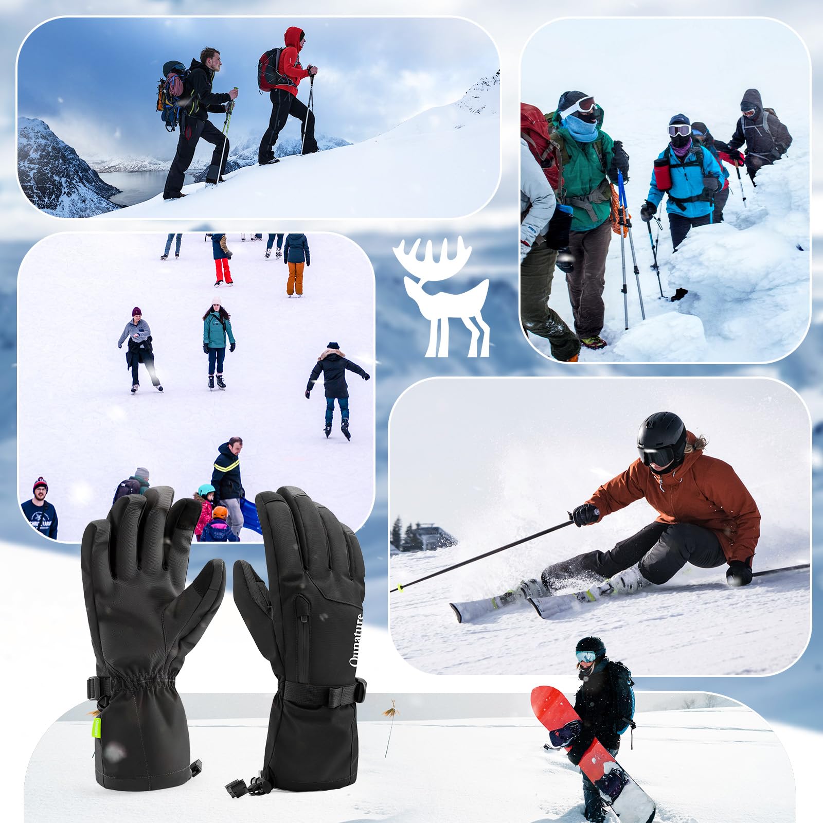 Qunature Guantes de Esquí Térmico Guantes de Ciclismo A Prueba de Viento Dedos Completos con Pantalla Táctil para Actividades al Aire Libre Esquí Patinaje MTB Bicicleta Carretera Mujeres Hombres