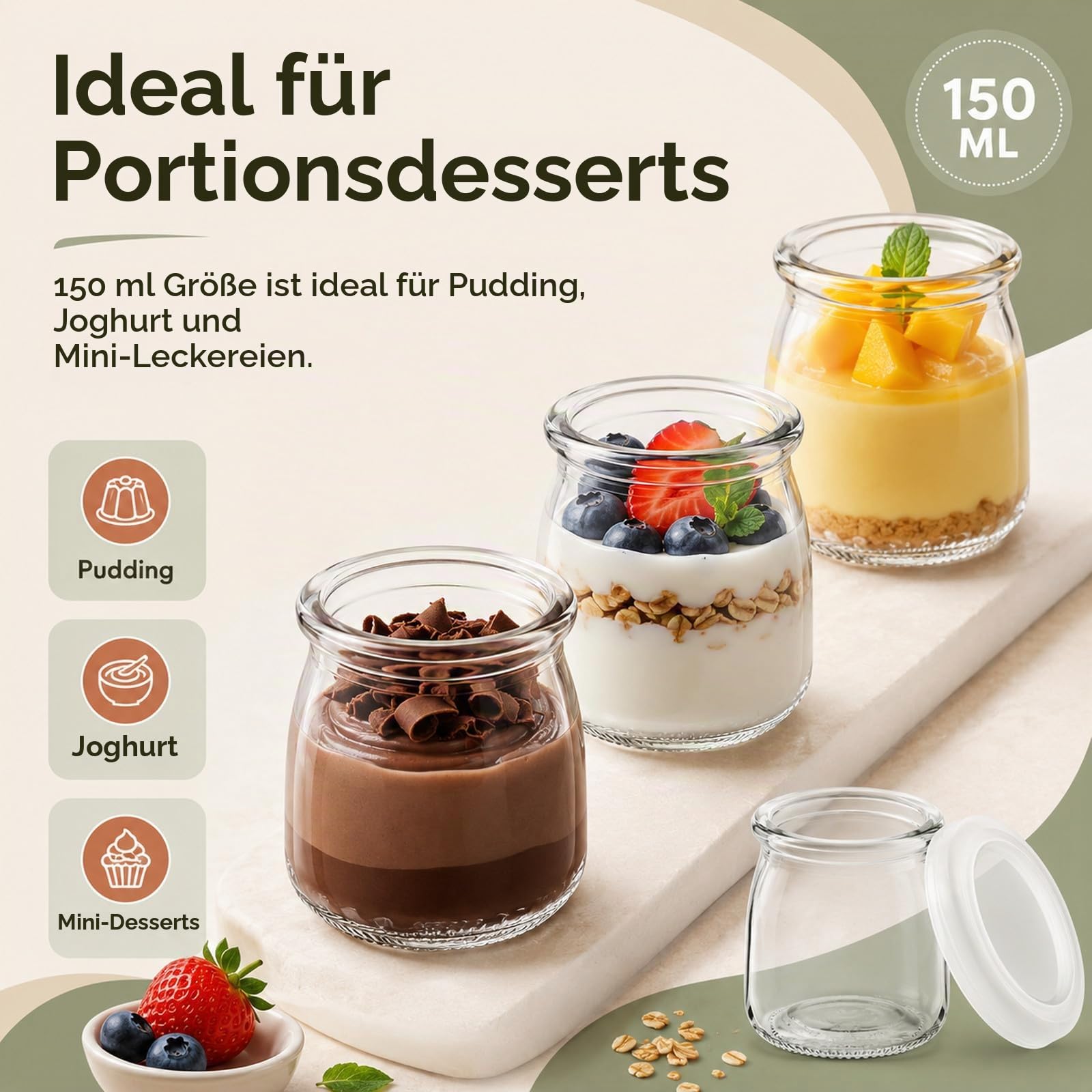 JMIATRY 36 Stück 150ml Joghurtgläser mit Deckel, Dessertgläser Glas mit Deckel, Joghurtbecher mit Deckel für Joghurt, Dessert, Pudding, Milch, Marmelade