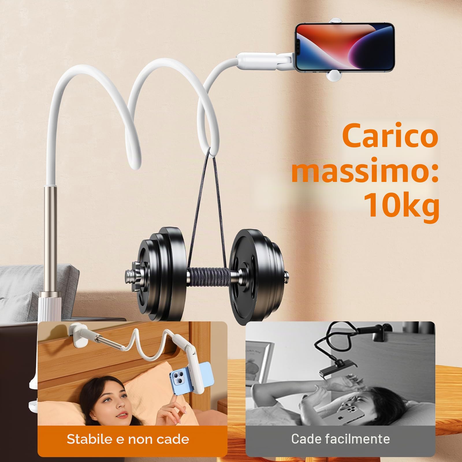 Supporto per telefono a collo di cigno per letto, supporto flessibile per telefono da scrivania, supporto per telefono lungo con mini morsetto girevole a 360°, larghezza 6,5 ~ 8 cm, compatibile
