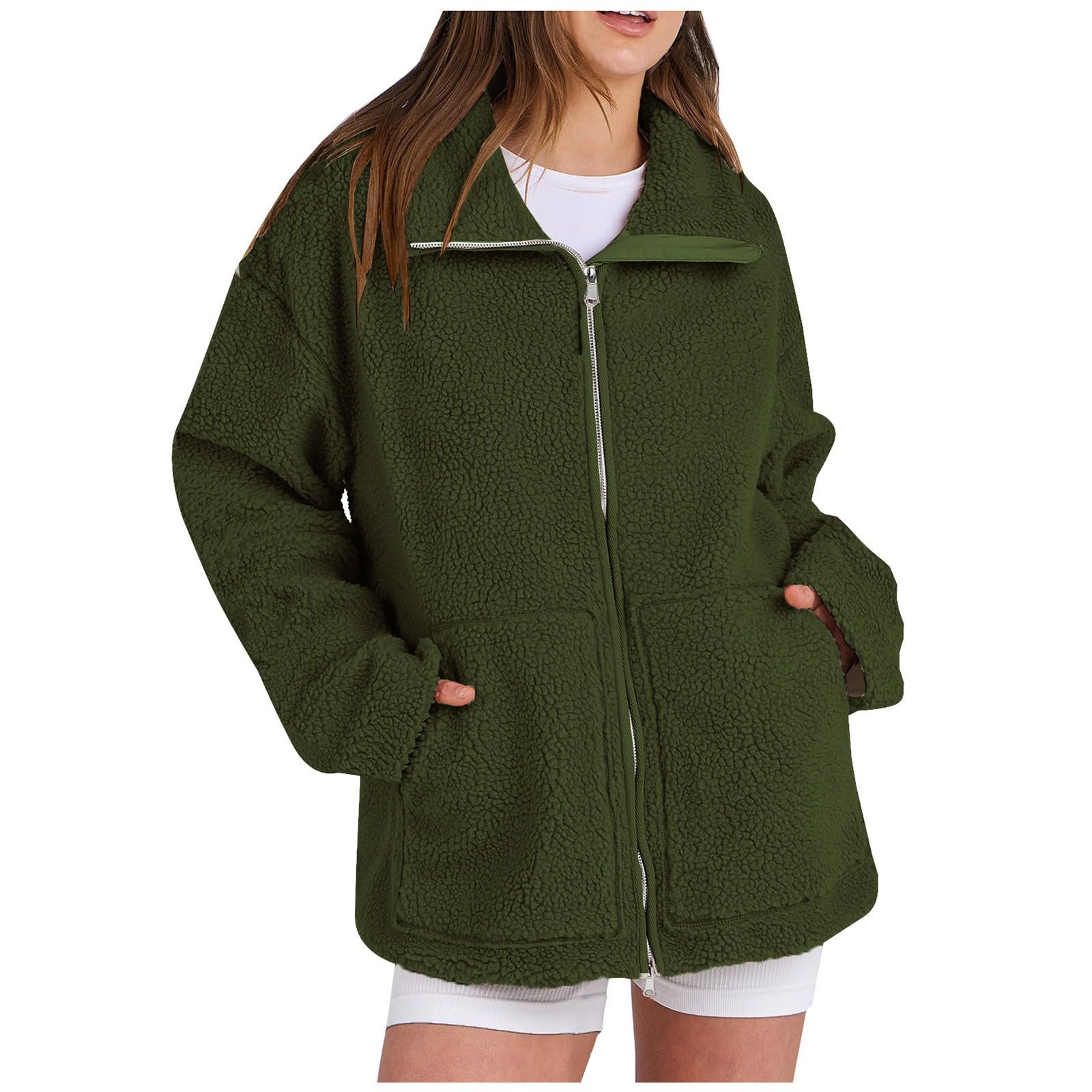 Generisch Fleecejacke Damen Ohne Kapuze Winterjacke Elegant Teddyjacke Winter Warm Plüschjacke Einfarbig Plüschmantel Langarm Flauschjacke Mit Taschen Jacke Mit Reissverschluss Damenjacken Kuschelig