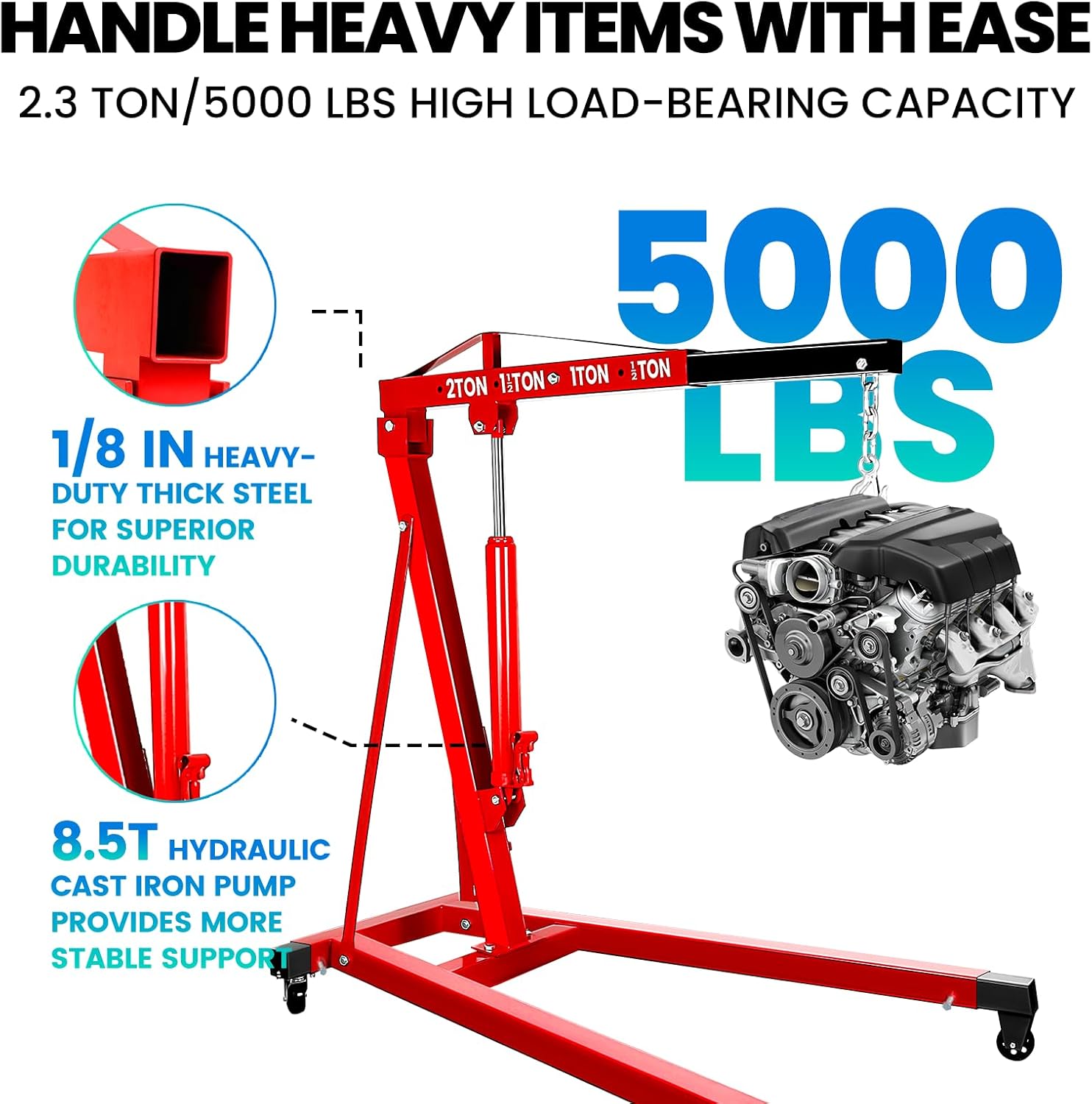 2 Ton Cherry Picker Engine Hoist, 5000 Lbs Capacity Hydraulic Engine Crane with Adjustable Boom and 4 Swivel Casters, Engine Stand for Garage and Automotive Repair