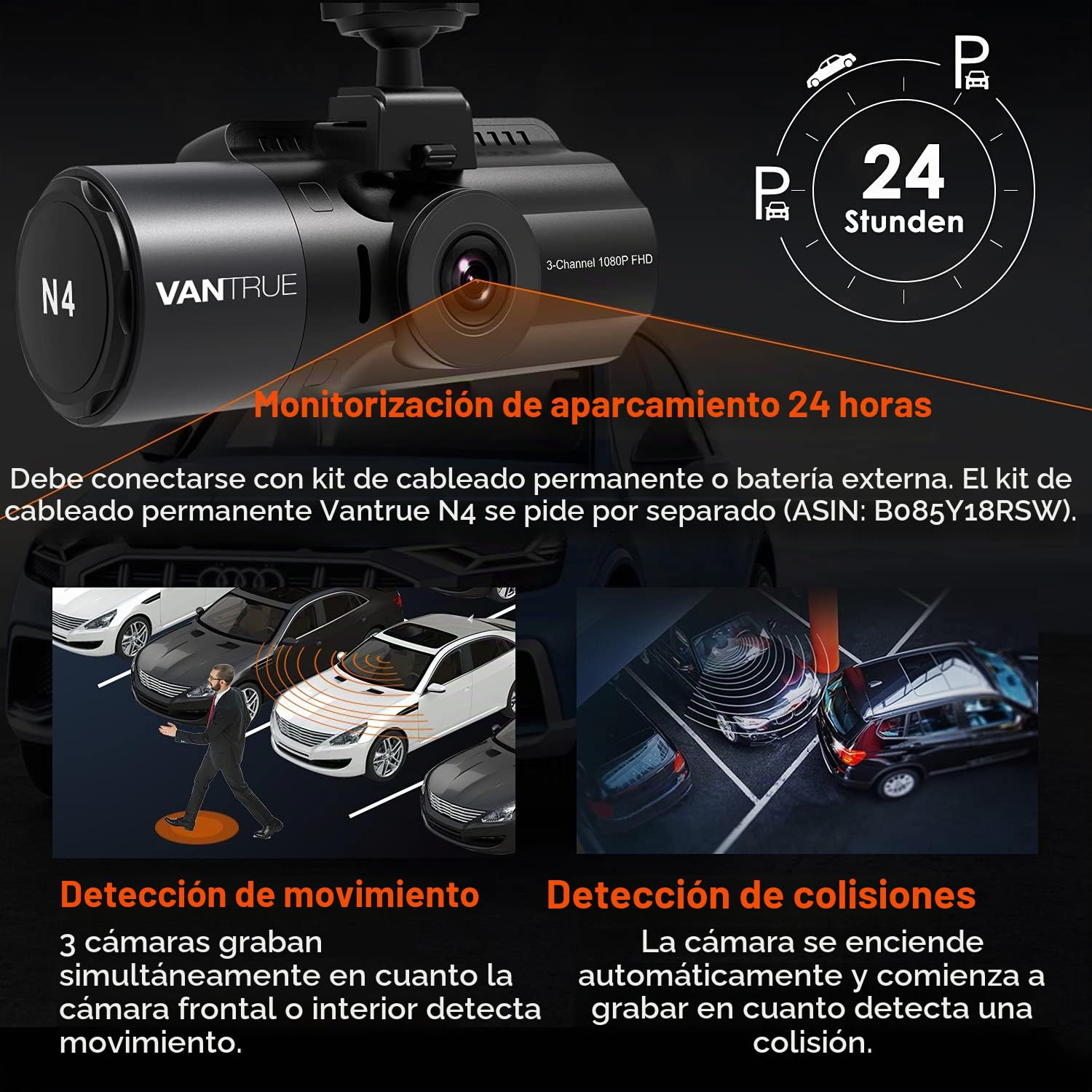 VANTRUE N4 Dashcam Cámara de Coche 4K Frontal, 3 Lentes 2.5K+2.5K+