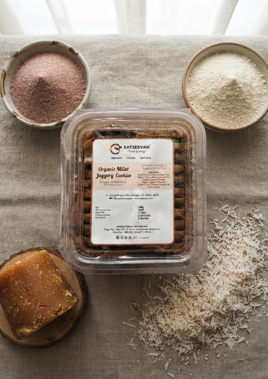 Satjeevan Organic Millet Jaggery Cookies 180g | Vegan & Gluten-Free | Stone-Ground Ragi & Jowar Flour, No Sugar, No Preservatives | Artisanal Handcrafted 1