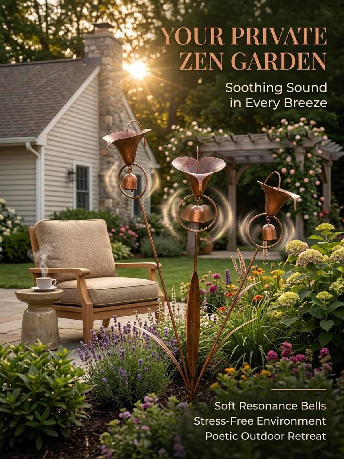Calla-Lilien-Gartenstecker aus Metall, handgefertigt, 61 cm, groß, geflammt, Kupfer, Blumenskulptur mit beruhigenden Glocken, skurrile Outdoor-Hofkunst, rustikales Windspiel, Ornament, Geschenk (2