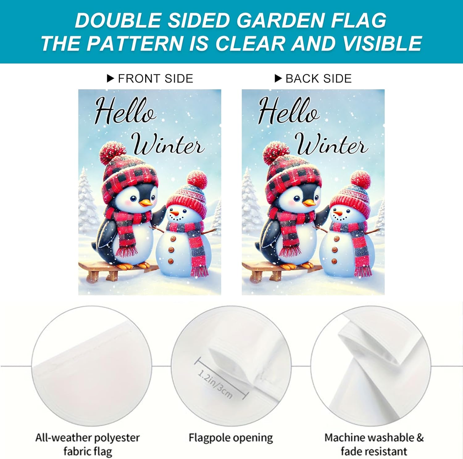 Hello Winter Garden Flag 12x18 Inch Penguin Snowman Flag Seasonal Holiday Outdoor Decoration for Yard Porch Lawn Christmas Winter Decor Banner - Image 4