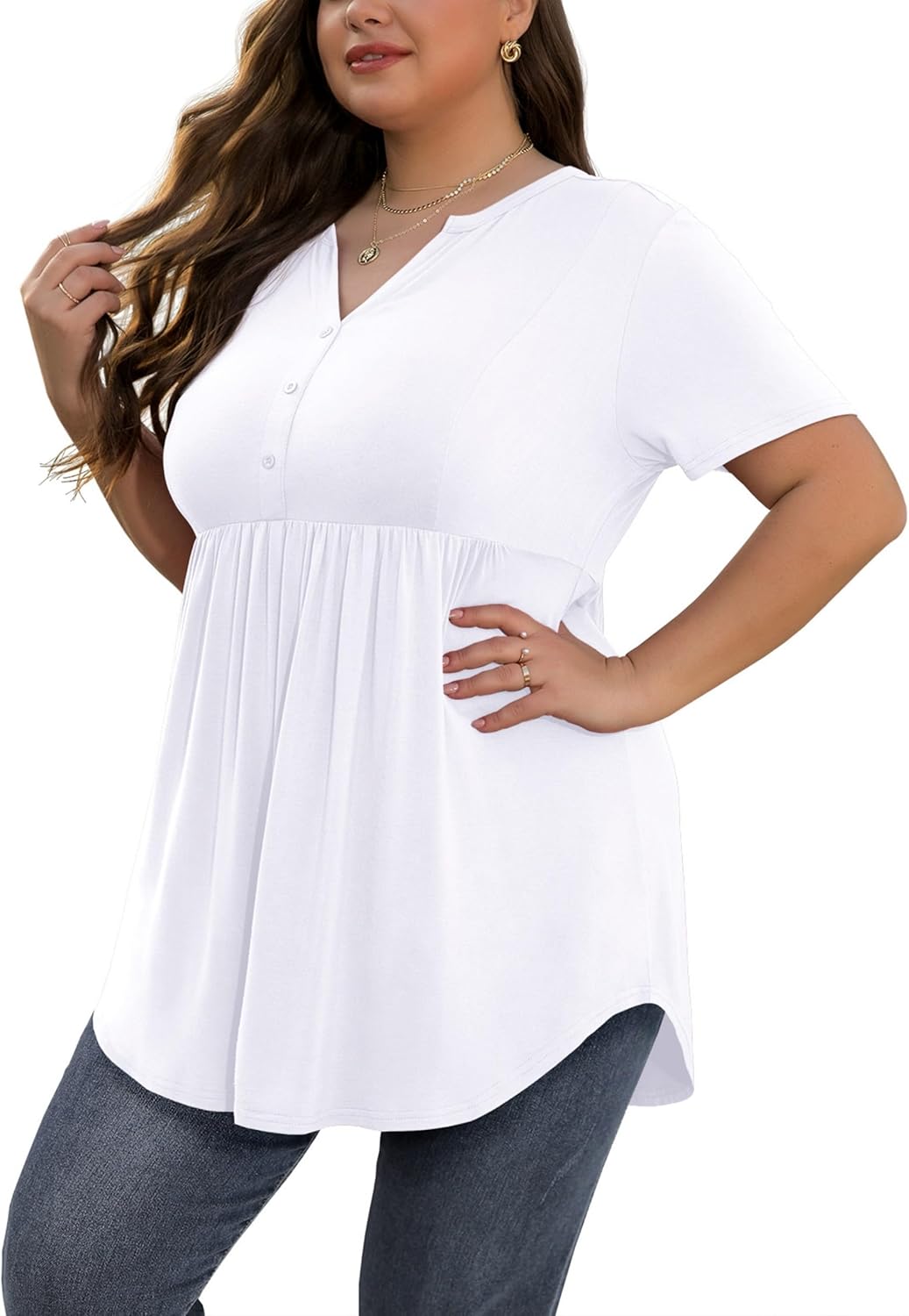 SHIJIALI Women's Plus Size Henley Shirts Casual Short Sleeve V Neck Swing Flowy Tunic