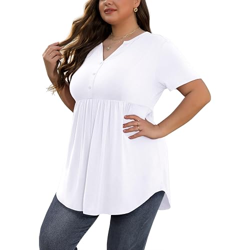 SHIJIALI Womens Plus Size Tops Tunic Short Sleeve Henley Casual Shirts